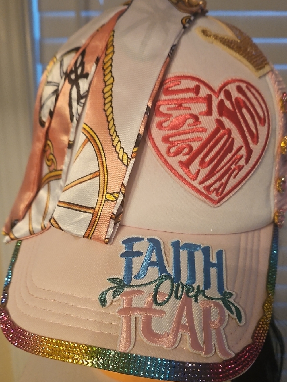 Faith Over Fear Embroidered Pink Baseball Cap with Scarf Accent